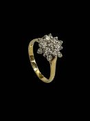 Diamond thirteen stone cluster 18 carat gold ring, size Q.
