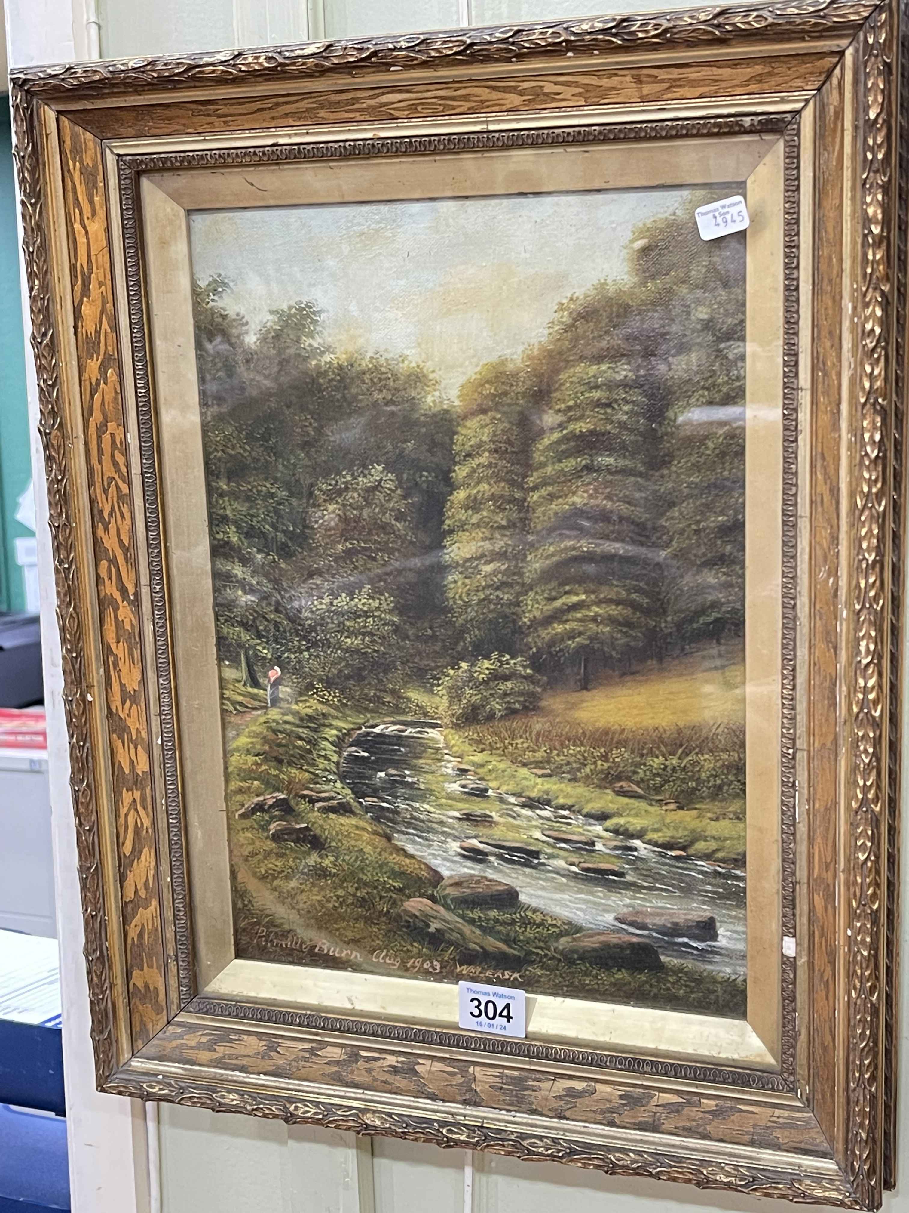 Wm Leask, Pilmilly Burn, oil on board, signed, titled and dated Aug 1903, 34cm by 24cm,