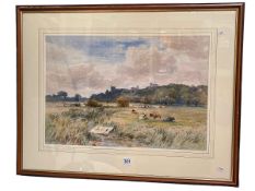 John Steeple (1823-1887) Cattle Fields Below Arundel Castle, watercolour, signed lower left,
