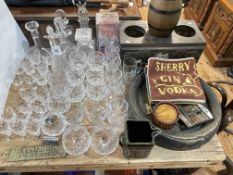 Collection of various glass including decanters, silver topped ewer and various breweriana.