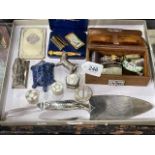 Keswick School of Industrial Arts stainless steel fish slice, silver thimble, pill boxes, razor,