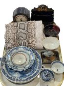 Collection of Oriental items including blue and white plate warmer, double gourd scent bottle,