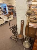 Spinning wheel, sewing chair and Victorian brass standard oil lamp converted for electricity (3).