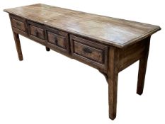 Rustic oak three drawer serving table, 81cm by 214cm by 64cm.