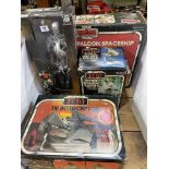 Collection of Star Wars toys including Millennium Falcon Spaceship,