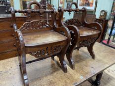 Pair of unusual fretwork carved occasional chairs.