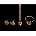 Pearl and coral 9 carat gold ring, pendant and chain, and pair of earrings, ring size P.