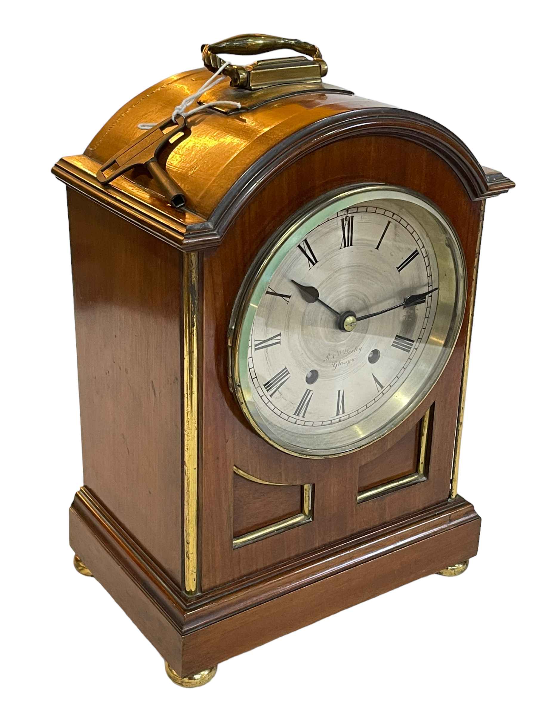 Mahogany and brass bracket clock with silvered dial, 33cm.