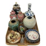 Collection of Oriental wares including blue and white dragon vase, ginger jars, lidded vases, etc.