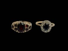 9 carat gold seven stone garnet ring and sapphire and diamond ring, both size M.