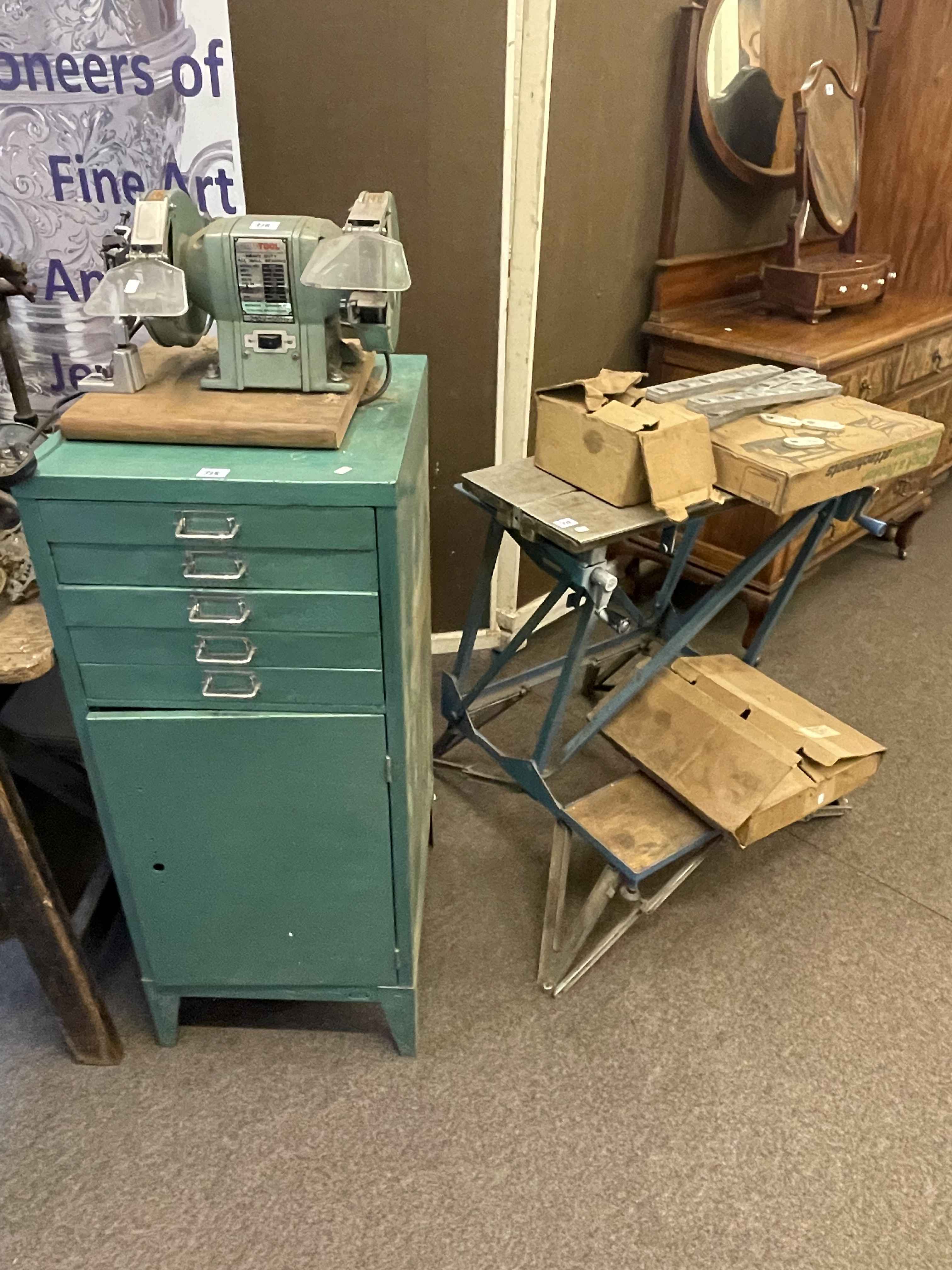 Mig and Arc welders, bench grinder, various tools, cabinets and work bench. - Image 2 of 2