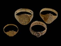 Three 9 carat gold signet rings and 9 carat gold buckle ring (4).