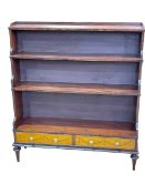 Waterfall bookcase having open top above two inlaid base drawers and turned legs,