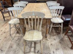 Rectangular pine farmhouse style kitchen table on turned legs, 75cm by 89cm by 182cm,