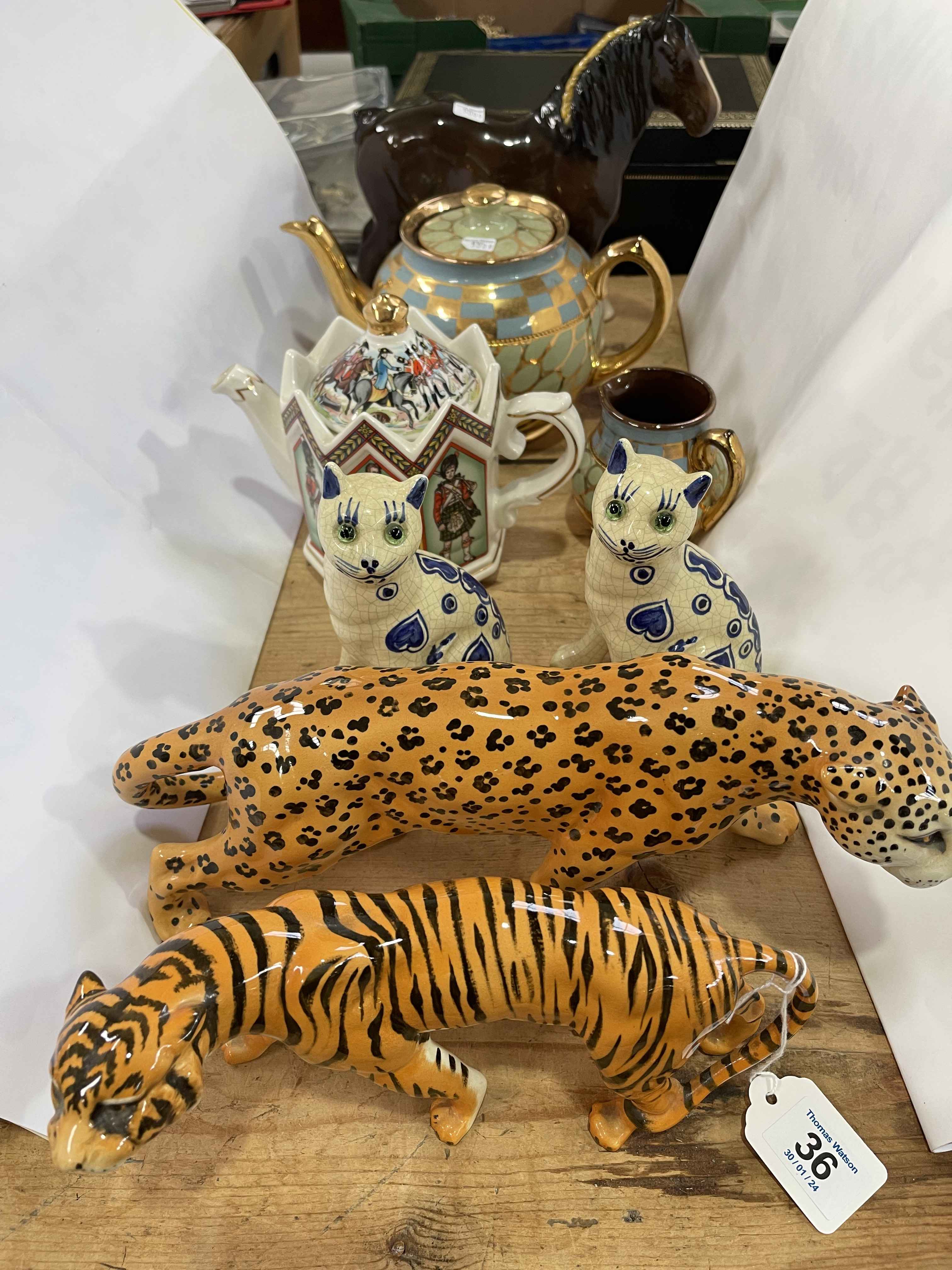 Beswick Tiger and Leopard, Sadler teapot, etc.