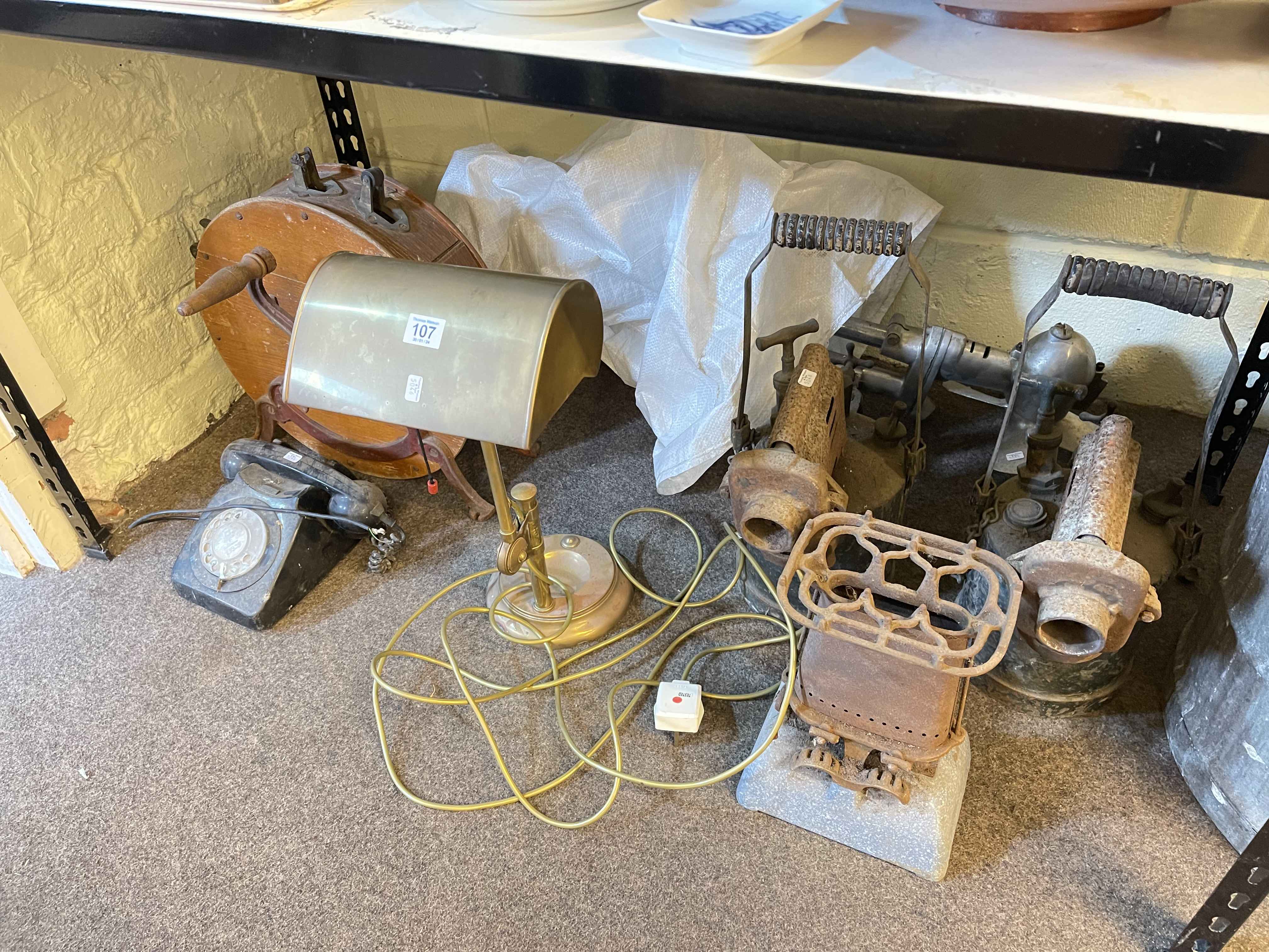 Vintage knife sharpener, two burners, brass table desk lamp, Bakelite telephone, metal dolly tub,