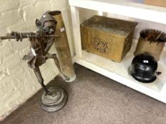 Bronzed Pixie sculpture, shell casing stand, brass embossed coal box, helmet, etc.