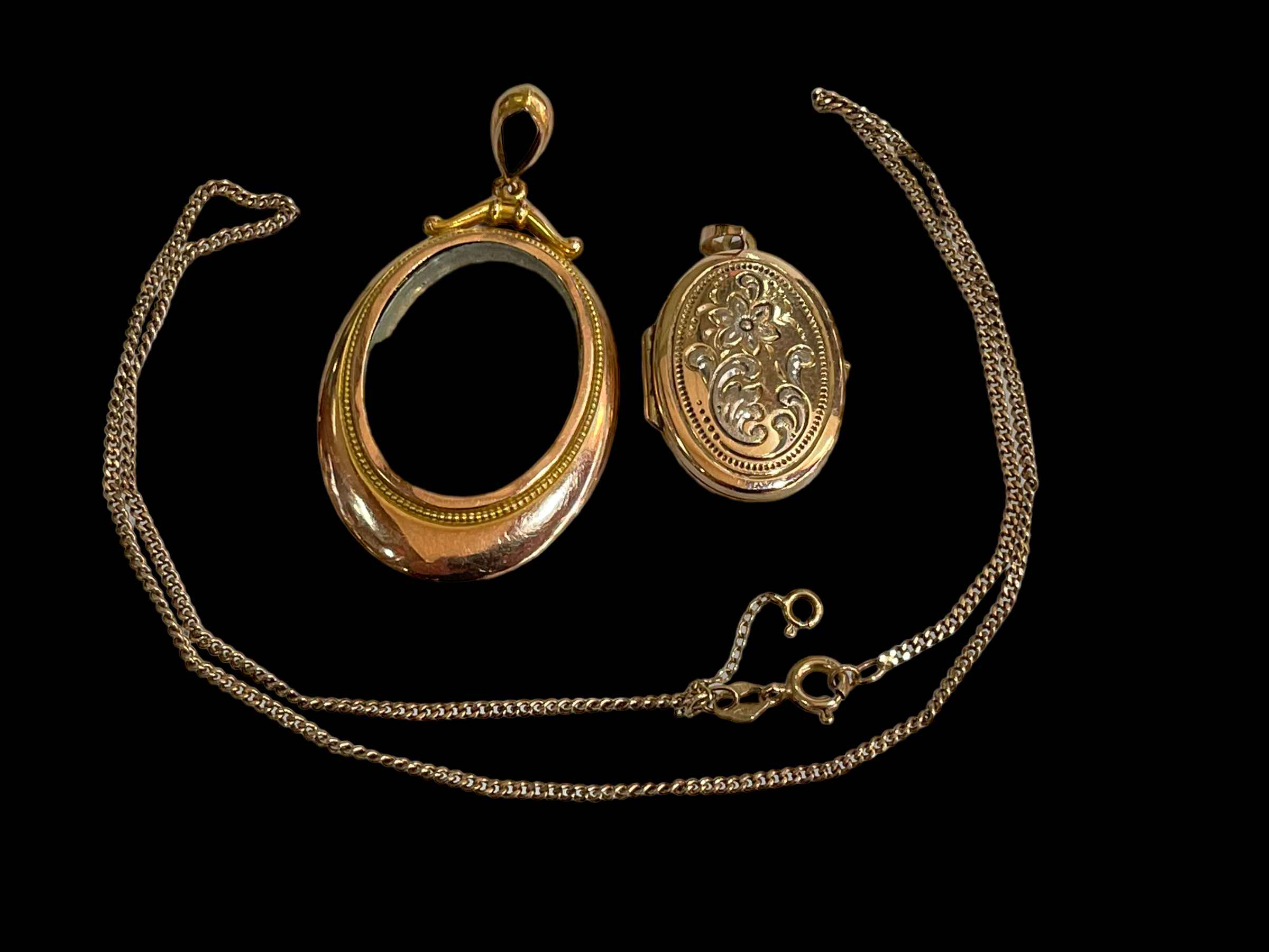 Two 9 carat gold lockets and 9 carat gold chain.