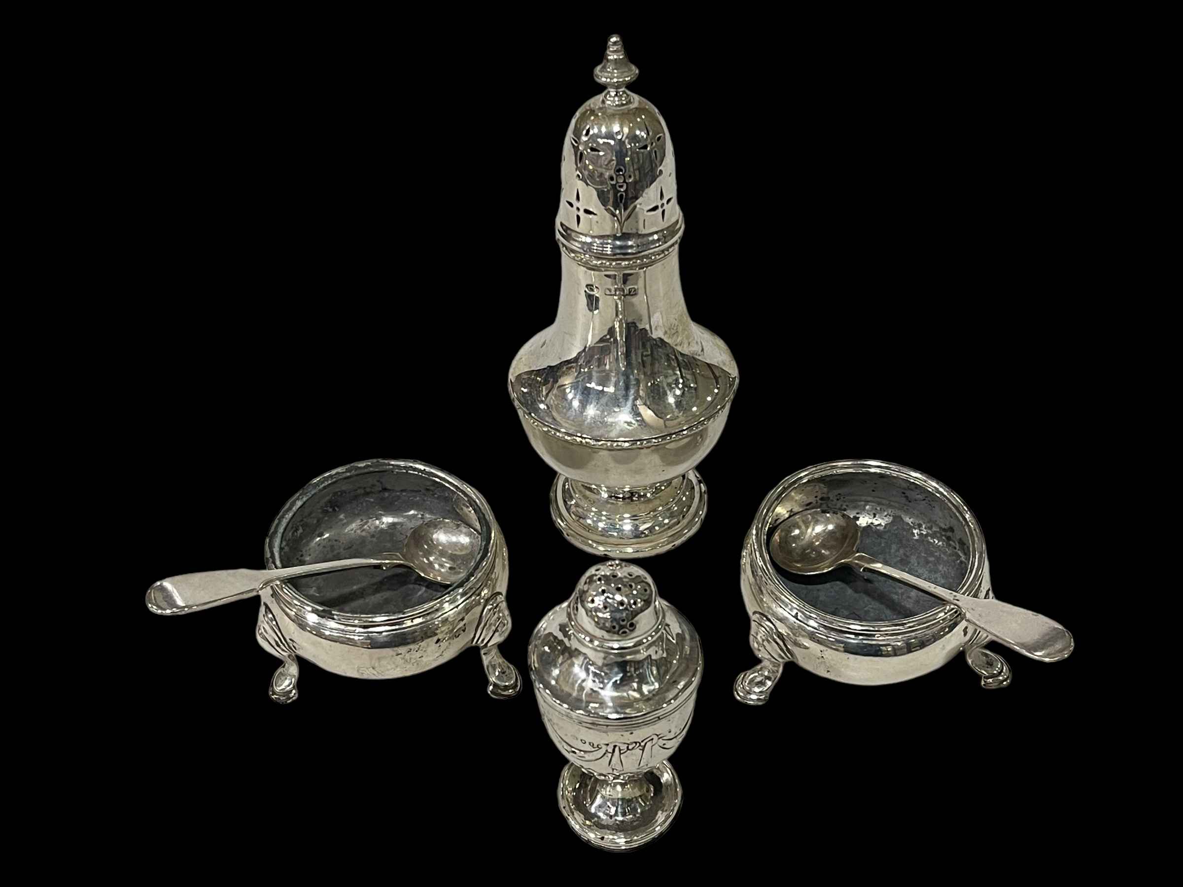 Pair of George II silver cauldron salts and silver plated spoon, Victorian urn shaped pepperette,