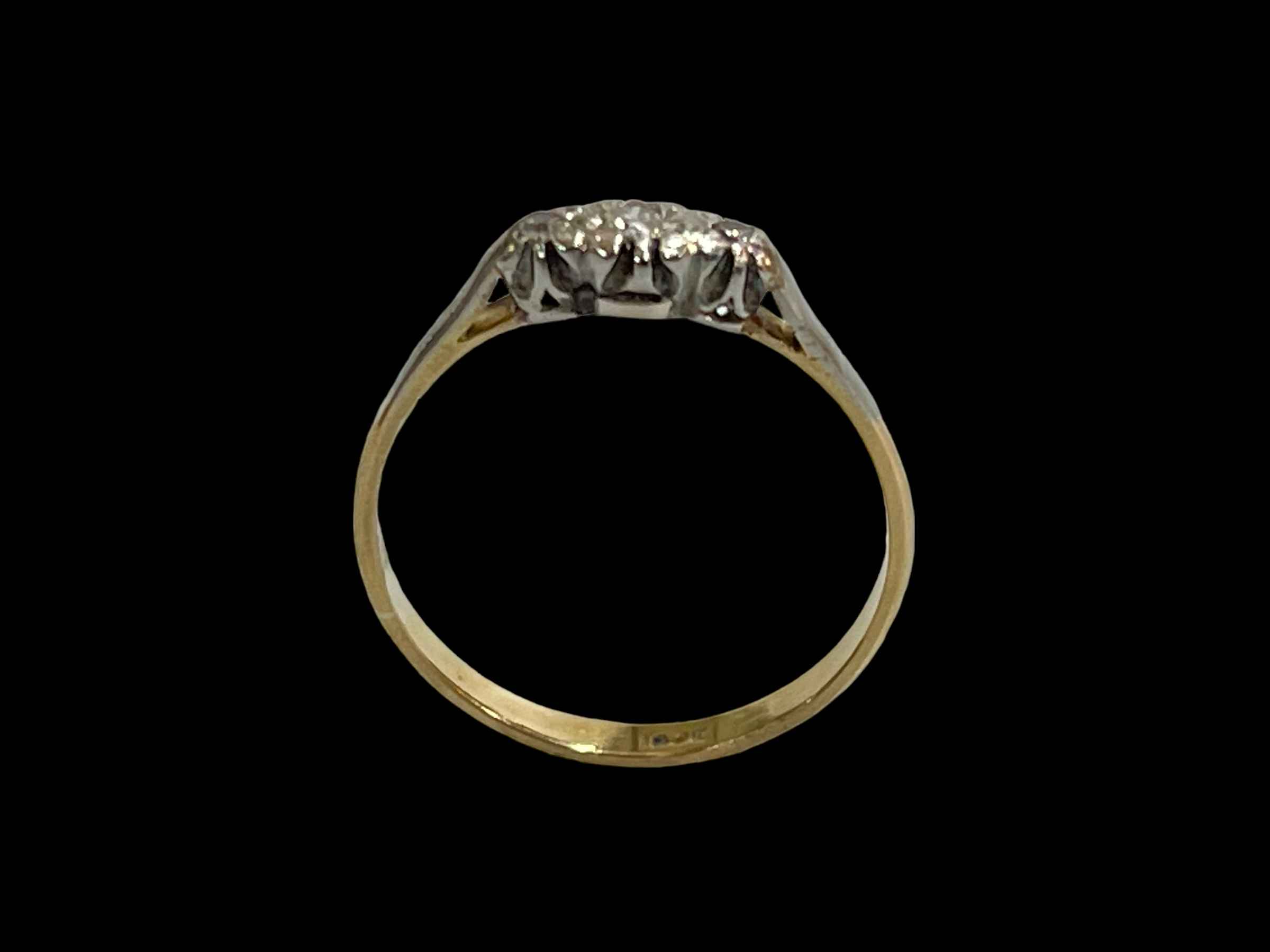 Three stone diamond 18 carat gold ring, size P. - Image 2 of 2