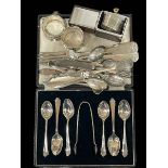Collection of silver spoons, pair of Irish table forks, Dublin 1811, cased set of spoons and tongs.