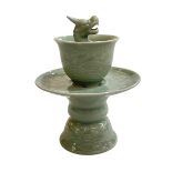 Japanese Celadon dragon incense burner in two pieces, the bowl has a dragon rising above the rim,
