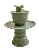 Japanese Celadon dragon incense burner in two pieces, the bowl has a dragon rising above the rim,