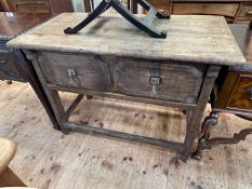 Rustic oak single drawer side table, 80cm by 113cm by 59cm.