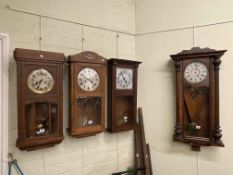 Victorian walnut cased wall clock and three oak cased wall clocks (4).