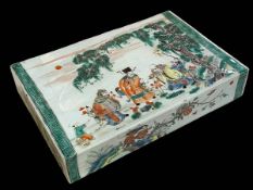 Good Chinese pillow vase decorated with bird and figures in landscape, 33cm by 22cm by 6cm.