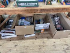 Four boxes of model railway accessories including N Gauge track, buildings, controllers,