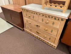 Painted pine chest of two short above two long drawers and oak blanket box.