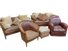 Three piece brown leather and polished wood lounge suite comprising two seater bed settee,