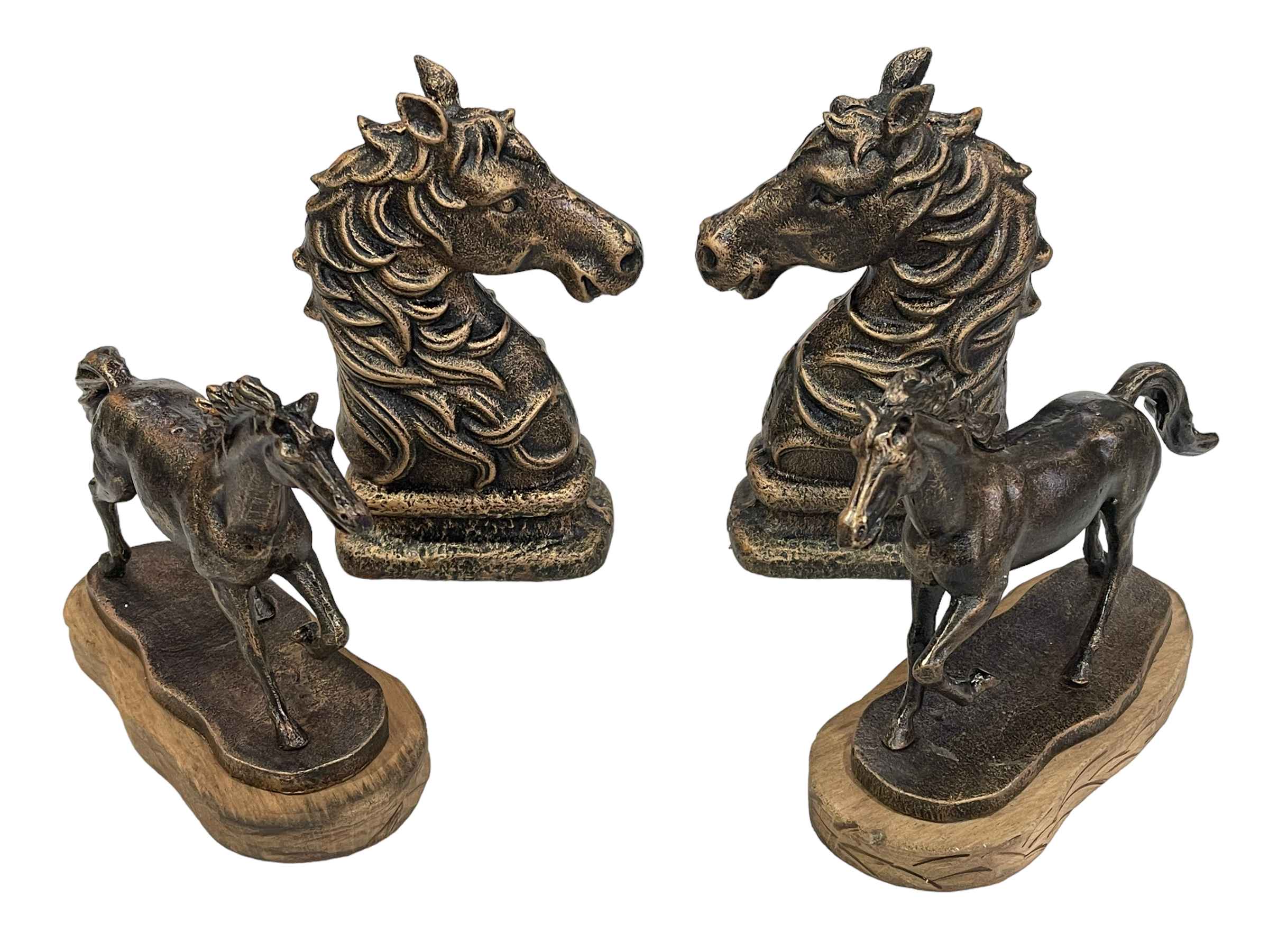 Pair of bronzed horses heads and pair of bronzed horses on wood plinths.