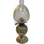 Victorian foliate pattern porcelain oil lamp with etched glass shade, 55cm.