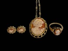 9 carat gold cameo pendant and chain, cameo ring and pair of cameo earrings.