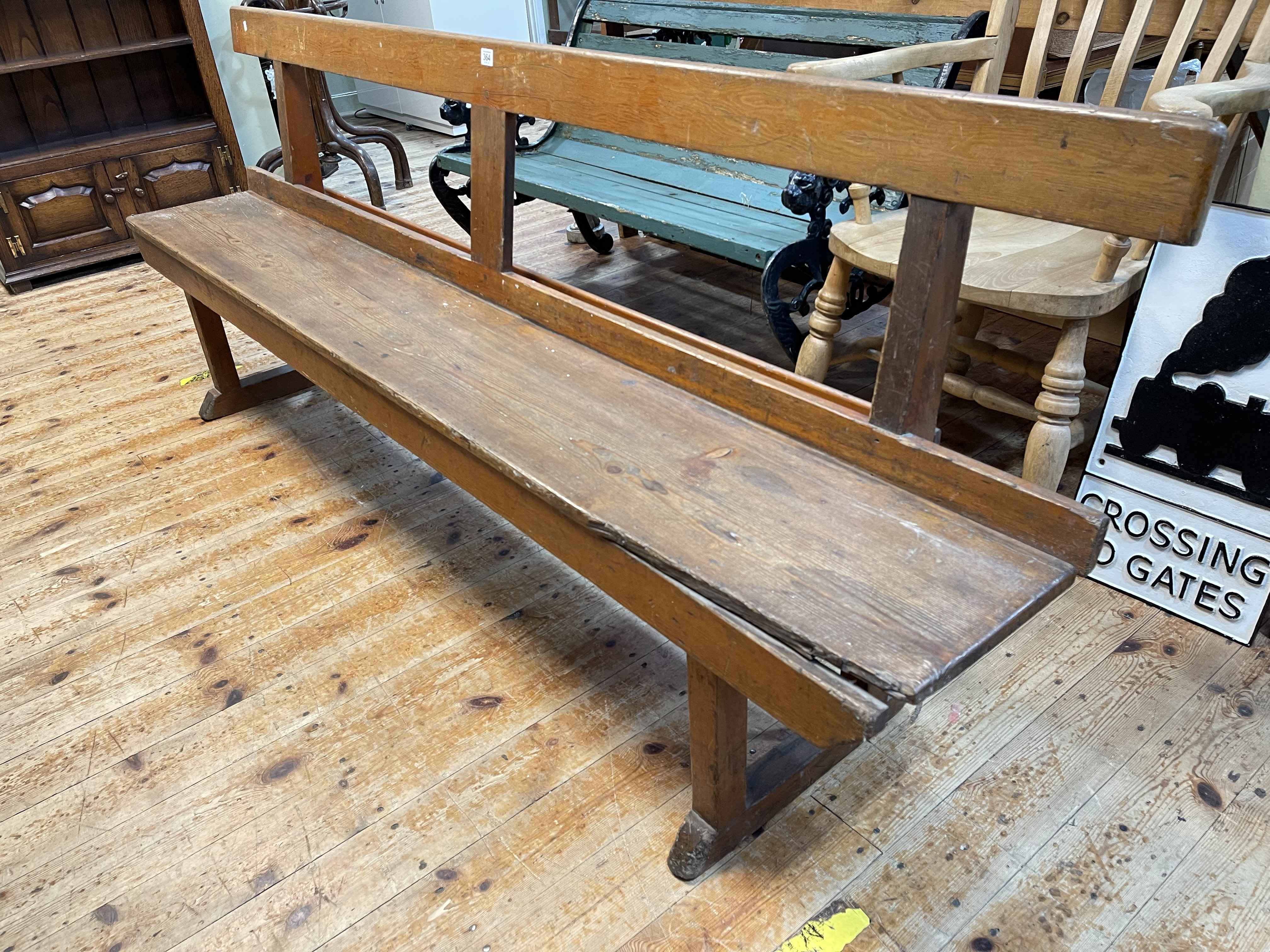 Victorian pitch pine church bench, 80.5cm by 212cm by 42cm.