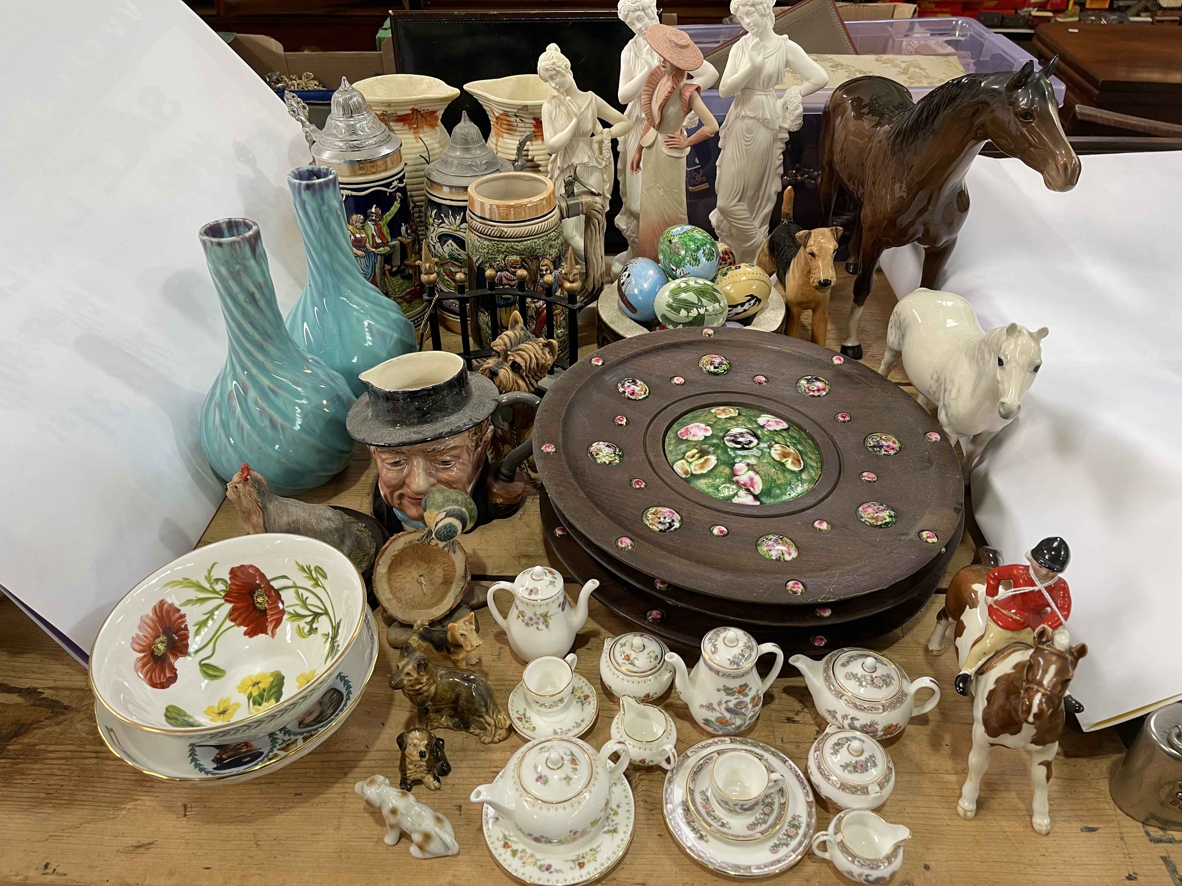 Collection of decorative porcelain including Beswick Girl on Skewbald Pony, Beswick Connemara,