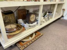 Collection of metalwares, mantel clock, mirrors, various porcelain and figurines, glass, etc.