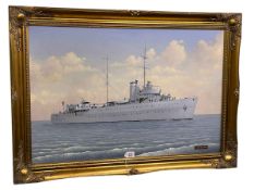 J Slater, HMS Guardian, oil on canvas, signed lower left, 60cm by 90cm, in gilt frame.