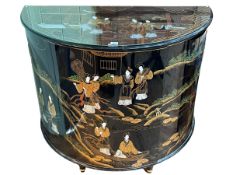 Oriental style black lacquer and figure decorated demi lune single door cabinet,