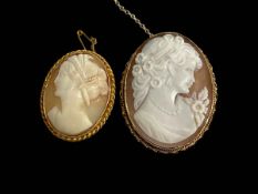 Two 9 carat gold mounted cameo brooches.