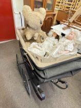 Antique baby carriage, Koala cuddly toy bears, dolls, etc.