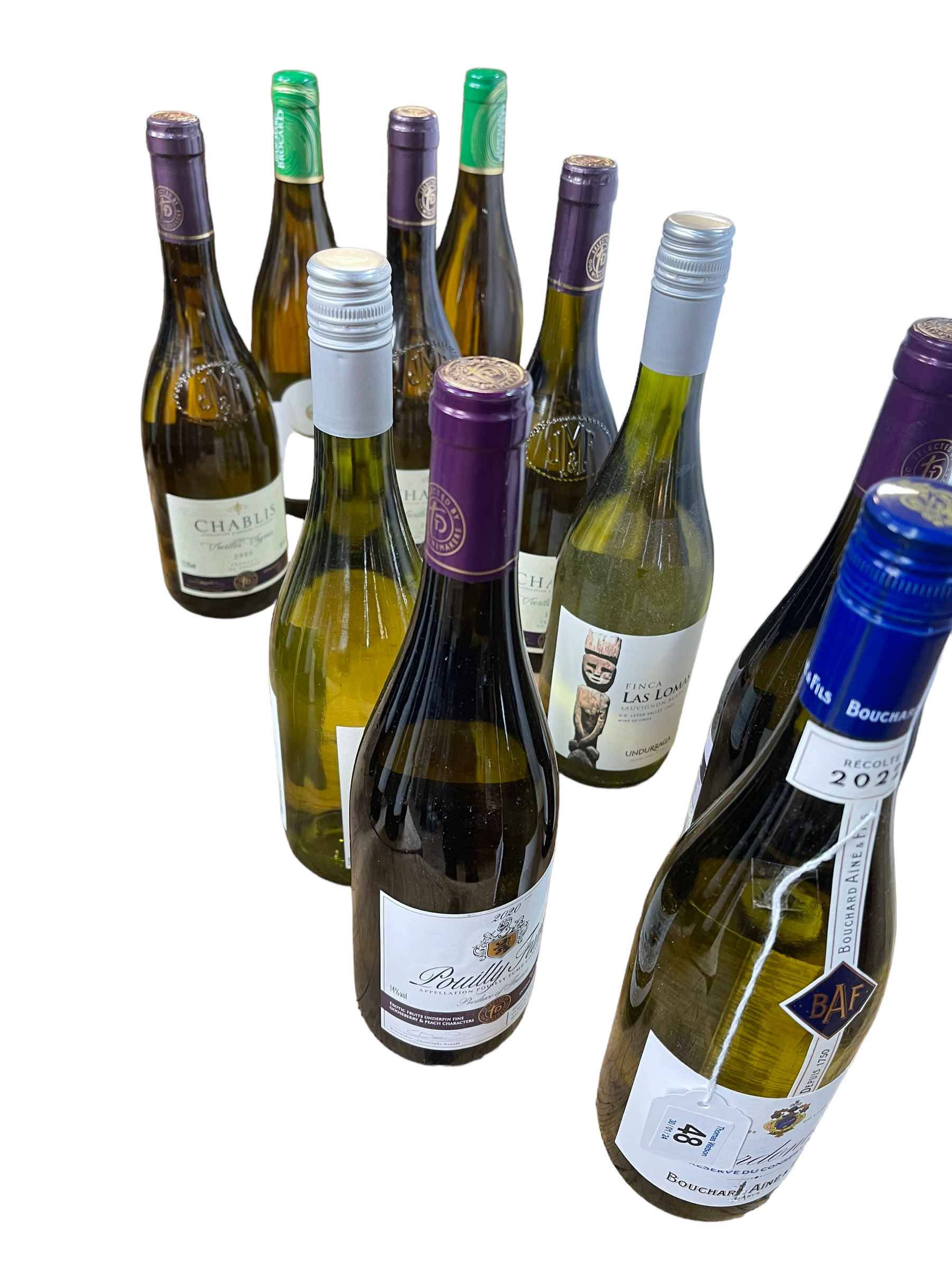 Ten bottles of white wine including Chablis Vieilles Vignes 2020, Pouilly Fume 2020, etc.