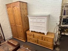 Pine finish double door wardrobe, five drawer low chest and white washed four drawer chest (3).