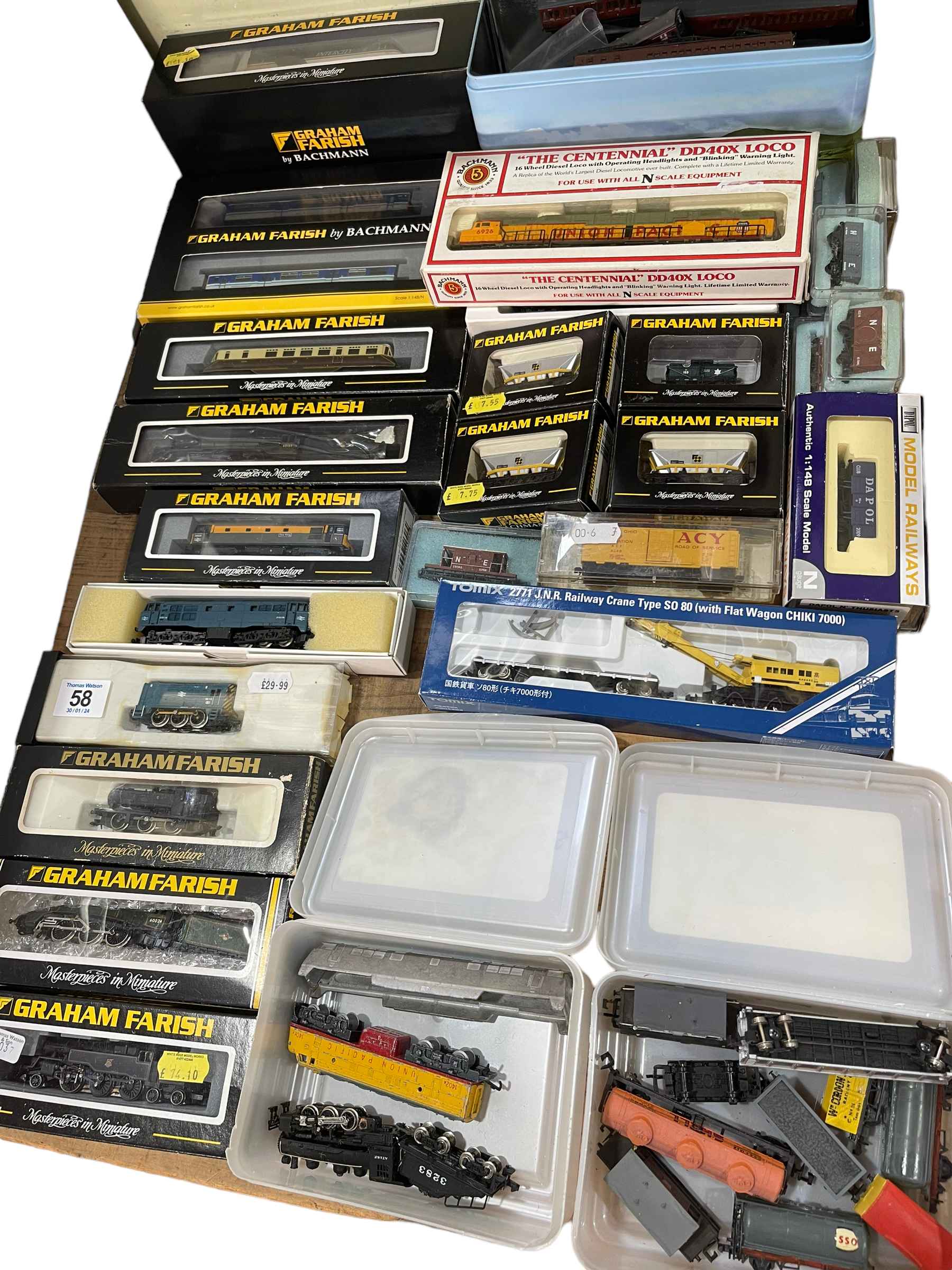 Collection of Graham Farish N Gauge model trains and carriages including steam and diesel