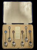 Boxed set of six silver and enamel commemorative spoons, circa 1935.