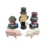 Five novelty money boxes including two Jolly Boy Bank, Harrison Hams, Wm Moland's Son, etc.