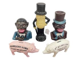 Five novelty money boxes including two Jolly Boy Bank, Harrison Hams, Wm Moland's Son, etc.