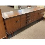 Mid Century rosewood long john sideboard, 73cm by 214cm by 46cm.